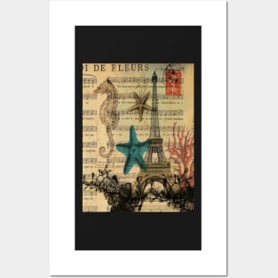 music notes ocean seashells vintage eiffel tower Posters and Art